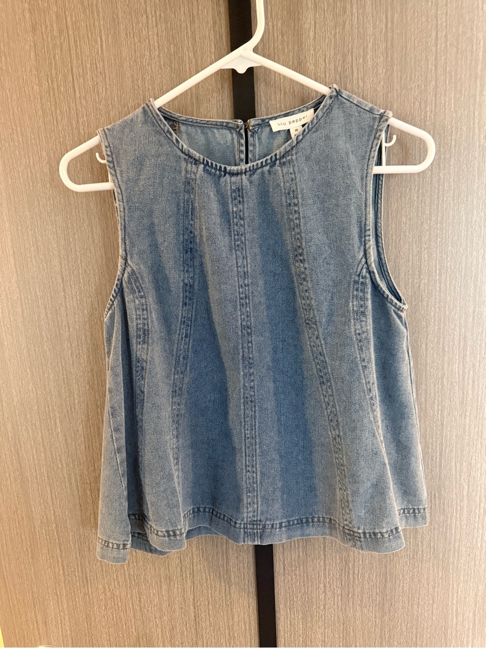 Blu Pepper Washed Denim Panel Tank Top in Light Blue